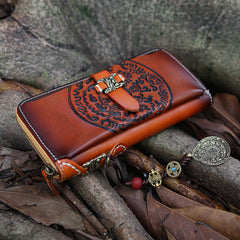 Handmade Leather Tooled Tibetan Totem Long Biker Wallet Cool Zipper Clutch Wristlet Wallet for Men