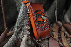 Handmade Leather Tooled Tibetan Totem Long Biker Wallet Cool Zipper Clutch Wristlet Wallet for Men