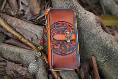 Handmade Leather Tooled Tibetan Totem Long Biker Wallet Cool Zipper Clutch Wristlet Wallet for Men