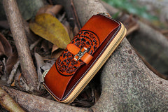 Handmade Leather Tooled Tibetan Totem Long Biker Wallet Cool Zipper Clutch Wristlet Wallet for Men