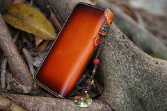 Handmade Leather Tooled Tibetan Totem Long Biker Wallet Cool Zipper Clutch Wristlet Wallet for Men