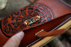 Handmade Leather Tooled Tibetan Totem Long Biker Wallet Cool Zipper Clutch Wristlet Wallet for Men