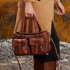Handmade Red Leather Womens Satchel Shoulder Bag - Leather Texture Detail