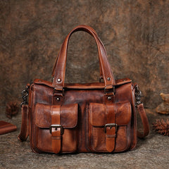 Handmade Red Leather Womens Satchel Shoulder Bag - Stitching Detail