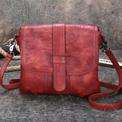 Handmade Red Leather Womens Square Shoulder Bag School Crossbody Purse for Women