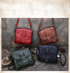 Handmade Red Leather Womens Square Shoulder Bag School Crossbody Purse for Women