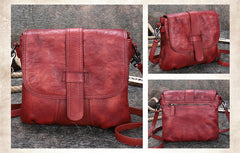 Handmade Red Leather Womens Square Shoulder Bag School Crossbody Purse for Women