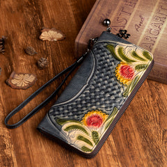 Handmade Red Leather Wristlet Wallet Womens Floral Zip Around Wallets Flowers Ladies Zipper Clutch Wallet for Women