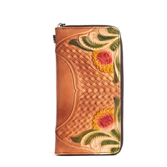 Handmade Leather Wristlet Wallet Womens Floral Zip Around Wallets Flowers Ladies Zipper Clutch Wallet for Women