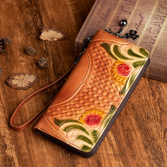 Handmade Leather Wristlet Wallet Womens Floral Zip Around Wallets Flowers Ladies Zipper Clutch Wallet for Women