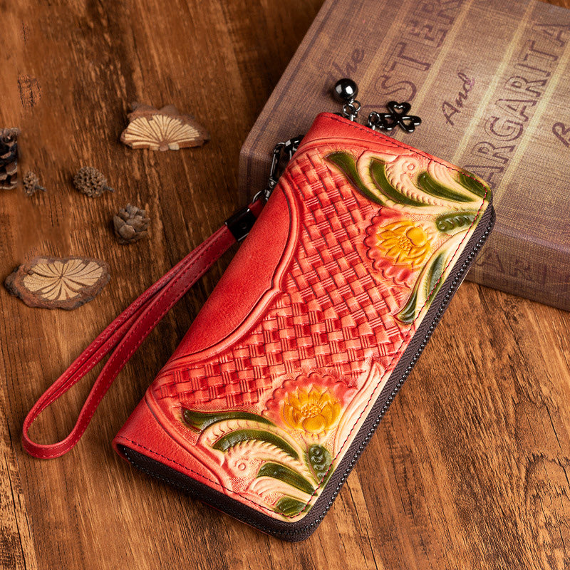 Handmade Leather Wristlet Wallet Womens Floral Zip Around Wallets Flowers Ladies Zipper Clutch Wallet for Women