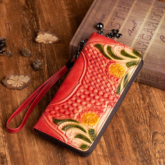 Handmade Red Leather Wristlet Wallet Womens Floral Zip Around Wallets Flowers Ladies Zipper Clutch Wallet for Women
