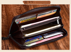 Handmade Leather Wristlet Wallet Womens Floral Zip Around Wallets Flowers Ladies Zipper Clutch Wallet for Women