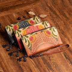 Handmade Leather Wristlet Wallet Womens Floral Zip Around Wallets Flowers Ladies Zipper Clutch Wallet for Women