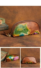 Handmade Lotus Flower Brown Leather Wristlet Wallet Womens Zip Around Wallets Flowers Ladies Zipper Clutch Wallet for Women