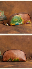 Handmade Lotus Flower Brown Leather Wristlet Wallet Womens Zip Around Wallets Flowers Ladies Zipper Clutch Wallet for Women