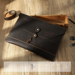 Handmade Black Mens Clutch A4 Envelope File Bag Personalized Black Leather Folder Purse for Men