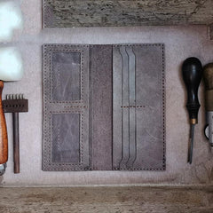 Handmade Slim Checkbook Wallet Coffee Leather Mens Bifold Long Wallet Lots Cards Long Wallet for Men