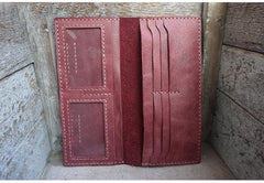 Handmade Slim Checkbook Wallet Coffee Leather Mens Bifold Long Wallet Lots Cards Long Wallet for Men