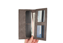 Handmade Slim Checkbook Wallet Coffee Leather Mens Bifold Long Wallet Lots Cards Long Wallet for Men