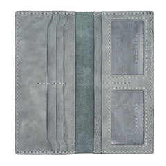 Handmade Slim Checkbook Wallet Coffee Leather Mens Bifold Long Wallet Lots Cards Long Wallet for Men