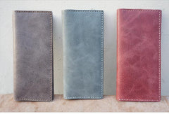 Handmade Slim Checkbook Wallet Khaki Leather Mens Bifold Long Wallet Lots Cards Long Wallet for Men