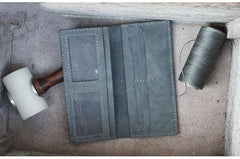 Handmade Slim Checkbook Wallet Coffee Leather Mens Bifold Long Wallet Lots Cards Long Wallet for Men