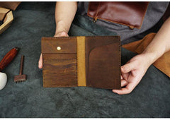 Handmade Slim Leather Mens Bifold Travel Wallets Brown Passport Wallet Long Wallet for Men