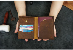 Handmade Slim Leather Mens Bifold Travel Wallets Brown Passport Wallet Long Wallet for Men