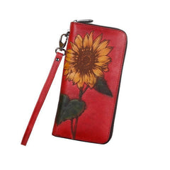 Handmade Sunflower Red Leather Wristlet Wallet Womens Zip Around Wallets Sunflower Ladies Zipper Clutch Wallet for Women
