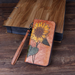 Handmade Sunflower Gray Leather Wristlet Wallet Womens Zip Around Wallets Sunflower Ladies Zipper Clutch Wallet for Women