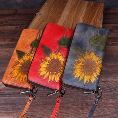 Handmade Sunflower Brown Leather Wristlet Wallet Womens Zip Around Wallets Sunflower Ladies Zipper Clutch Wallet for Women