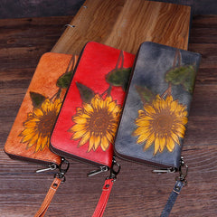 Handmade Sunflower Leather Wristlet Wallet Womens Zip Around Wallets Sunflower Ladies Zipper Clutch Wallet for Women