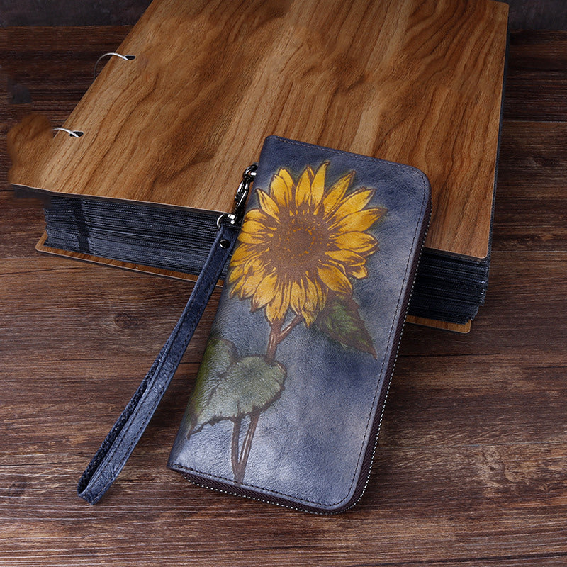 Handmade Sunflower Gray Leather Wristlet Wallet Womens Zip Around Wallets Sunflower Ladies Zipper Clutch Wallet for Women