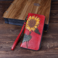 Handmade Sunflower Red Leather Wristlet Wallet Womens Zip Around Wallets Sunflower Ladies Zipper Clutch Wallet for Women