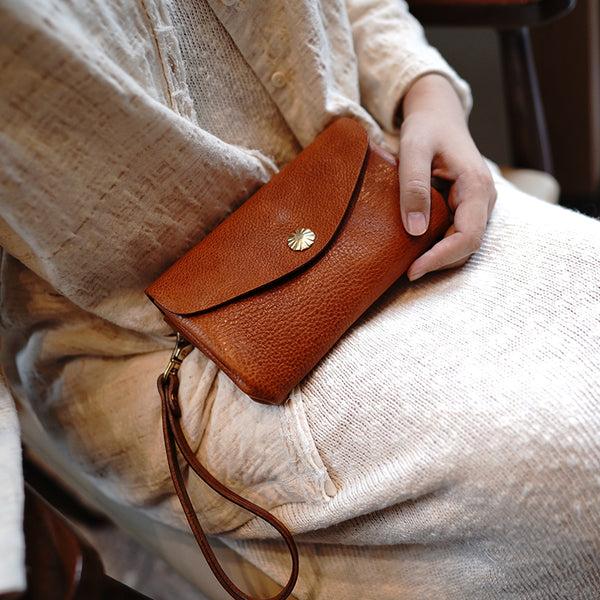 Handmade Tan Leather Wristlet Wallet Envelope Clutch - Back View