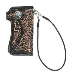 Handmade Tooled Leather Floral Biker Chain Wallet Mens Long Wallet with Chain for Men
