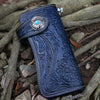 Handmade Tooled Blue Leather Floral Biker Chain Wallet Mens Long Wallet with Chain for Men