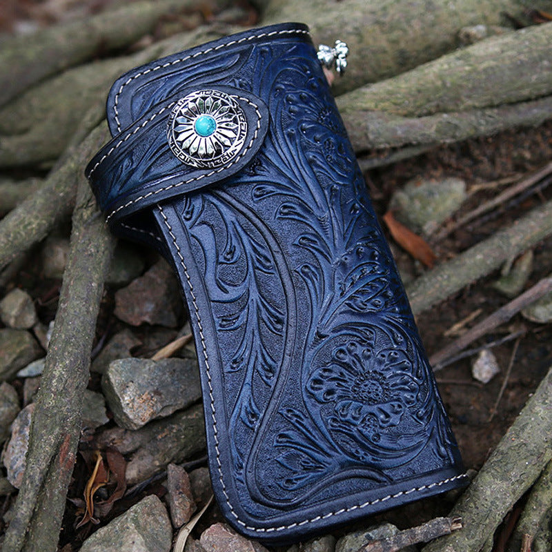 Handmade Tooled Green Leather Floral Biker Chain Wallet Mens Long Wallet with Chain for Men