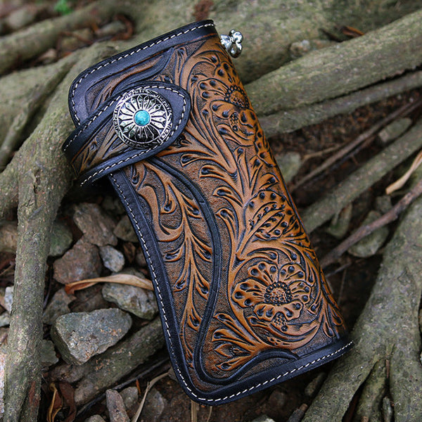 mens biker wallet Handmade Tooled Tan Leather Floral Biker Chain Wallet  biker style wallets