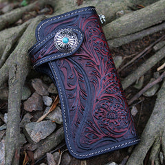Handmade Tooled Leather Floral Biker Chain Wallet Mens Long Wallet with Chain for Men