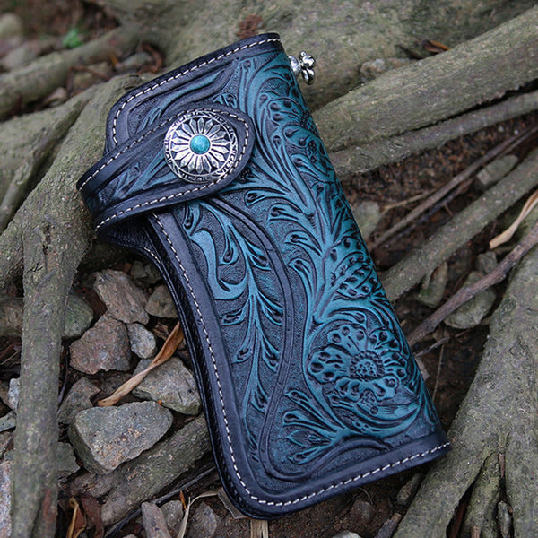 Handmade Tooled Leather Floral Biker Chain Wallet Green Mens Long Wallet with Chain for Men