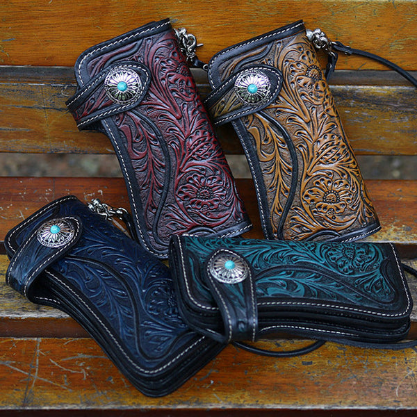 chain wallet​ Handmade Tooled Leather Floral Biker Chain Wallet leather chain wallet​