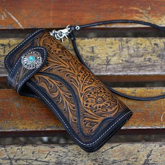 Handmade Tooled Green Leather Floral Biker Chain Wallet Mens Long Wallet with Chain for Men