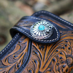 Handmade Tooled Blue Leather Floral Biker Chain Wallet Mens Long Wallet with Chain for Men