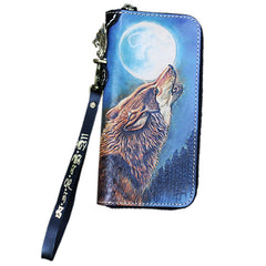 Handmade Tooled Lion Leather Biker Chain Wallet Mens Long Wallet with Chain for Men