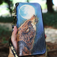 Handmade Tooled Lion Leather Biker Chain Wallet Mens Long Wallet with Chain for Men