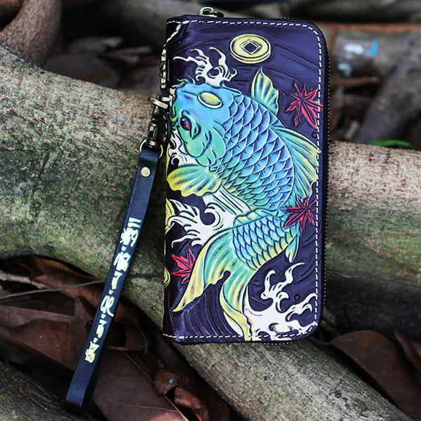 Handmade Tooled Carp Leather Biker Chain Wallet - Back View