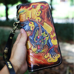 Handmade Tooled Buddha Leather Biker Chain Wallet Mens Long Wallet with Chain for Men