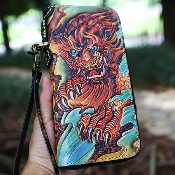 Handmade Tooled Lion Leather Biker Chain Wallet - Back View